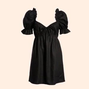 Reformation Black Linen Babydoll Channa Dress with Puff Sleeves